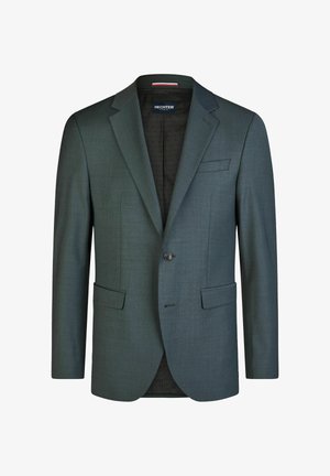 Single-button dark green men's blazer with notch lapels, chest pocket, and two flap pockets, shown against a white background.