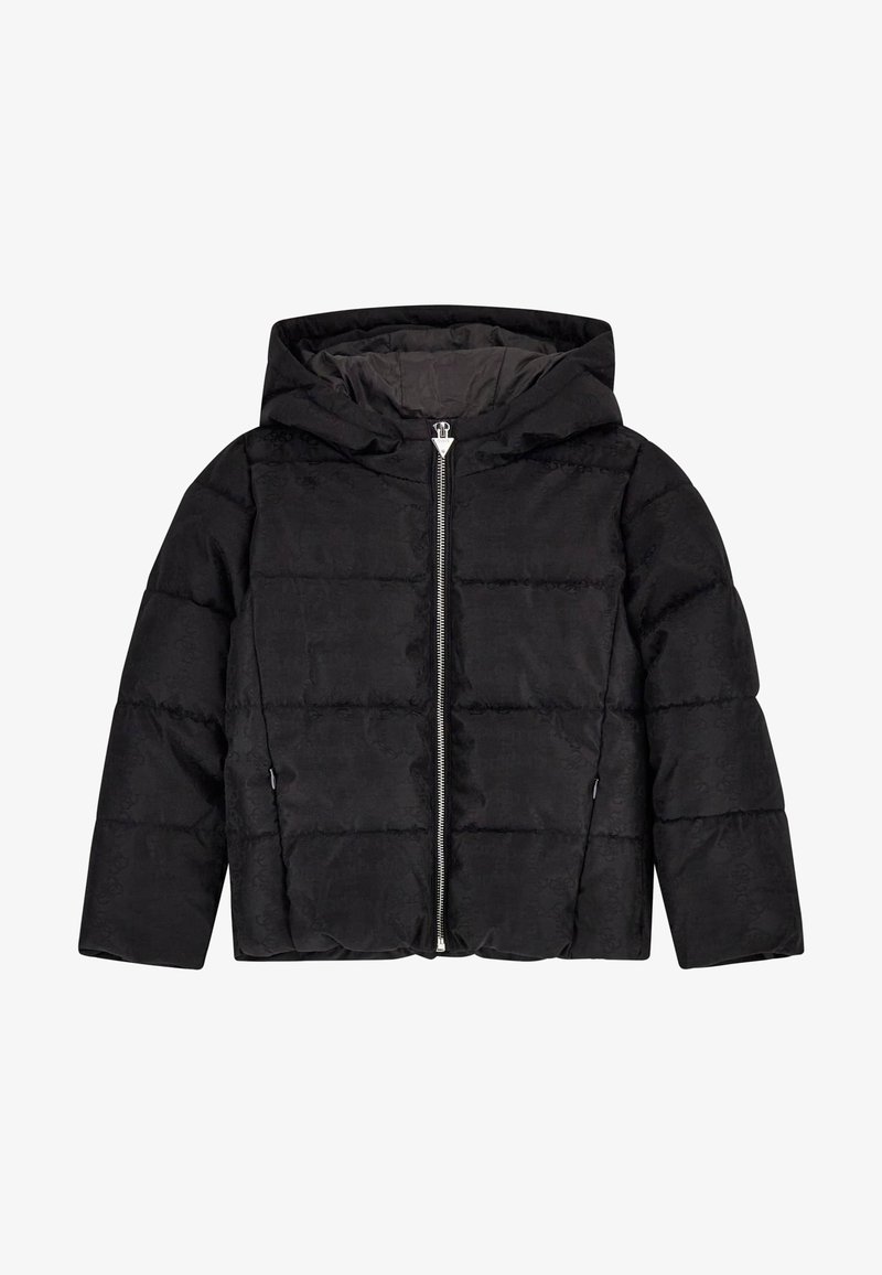 Juodas pūkinis džemperis su kapišonu, turintis įstrižinį siuvinėjimą, priekiniu užtrauktuku ir dviem šoninėm kišenėm. Lygus, matinio audinio paviršius.