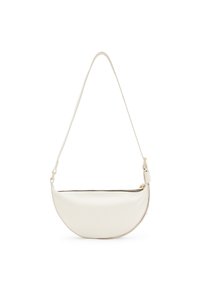 Borsa a tracolla in pelle bianca con forma arrotondata a mezza luna, singola tracolla, chiusura superiore con zip e texture liscia.