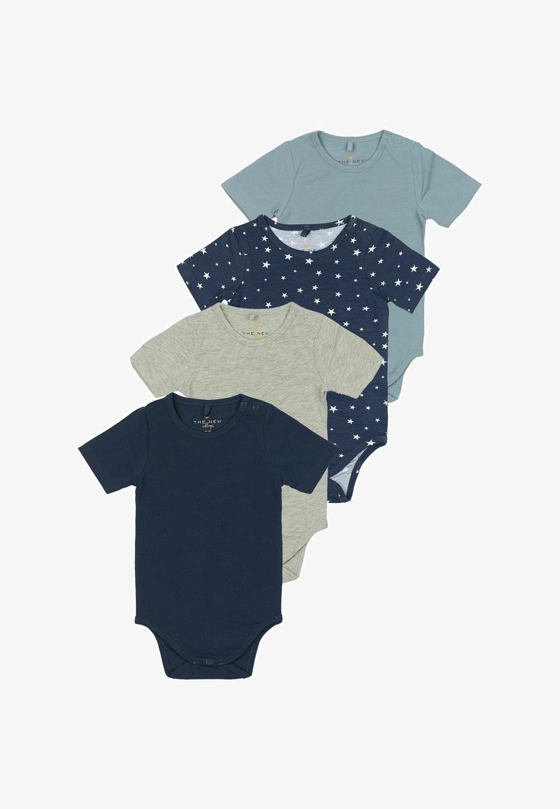 Quattro body a manica corta in navy, azzurro, grigio e navy a fantasia con stelle bianche; in morbido cotone, con chiusura a pressione sul fondo.