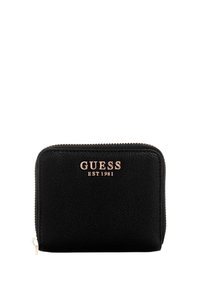 Black leather wallet with textured surface. Features a gold "GUESS EST 1981" logo on the front and a zip closure. Compact rectangular shape.