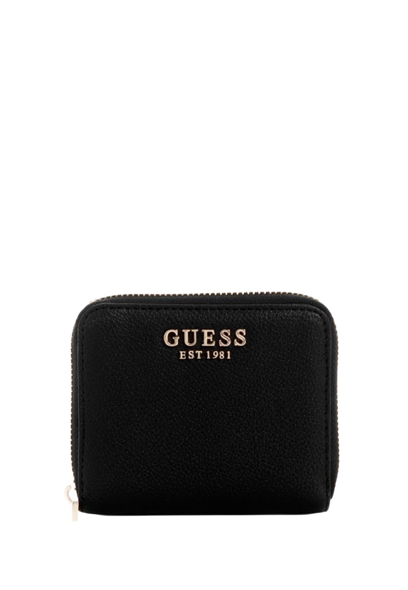 Black leather wallet with textured surface. Features a gold "GUESS EST 1981" logo on the front and a zip closure. Compact rectangular shape.