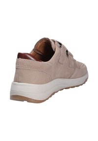 Beige Wildleder-Sneaker mit strukturiertem Stoff, einer braunen Leder-Fersenlasche, elastischen Schnürsenkeln und einer weißen Gummisohle.