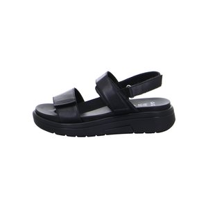 Schwarze offene Sandale mit dicker Sohle, verstellbarem Knöchelriemen und zwei breiten vorderen Riemen aus Leder oder Kunstleder.