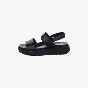 Black open-toe sandal with thick sole, adjustable ankle strap, and two wide front straps made of leather or faux leather.