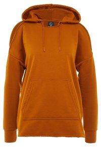 Sweat à capuche orange à manches longues avec poche avant, cordons et capuche, en tissu doux avec une coupe décontractée.