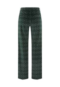 Pantaloni a fantasia verde con un design testurizzato, caratterizzati da un taglio a gamba dritta, due tasche posteriori e dettagli in metallo.