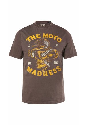 Hnědé bavlněné tričko s grafickým motivem lebky a hada, s žlutými a černými akcenty, kulatým výstřihem a krátkými rukávy.