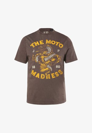 Hnědé bavlněné tričko s grafickým motivem lebky a hada, s žlutými a černými akcenty, kulatým výstřihem a krátkými rukávy.