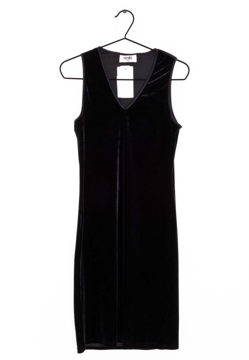 Černé sametové šaty bez rukávů s výstřihem do V, rovného střihu a visící štítkou. Měkká textura, hladký povrch a minimalistický design.