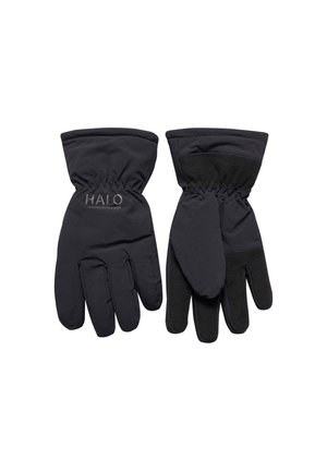 Schwarze Handschuhe aus flexiblem, wasserabweisendem Material mit elastischen Bündchen. Strukturiertes Griffakzent auf den Handflächen für besseren Halt.