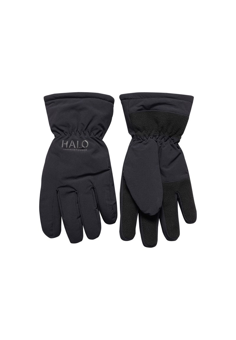 Schwarze Handschuhe aus flexiblem, wasserabweisendem Material mit elastischen Bündchen. Strukturiertes Griffakzent auf den Handflächen für besseren Halt.