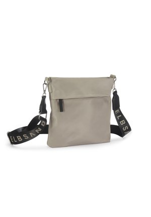 Beige crossbody bag with a fold-over top and black adjustable strap featuring "ELBSAND" text in light color.