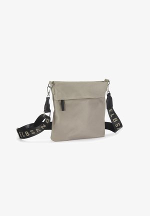 Beige crossbody bag with a fold-over top and black adjustable strap featuring "ELBSAND" text in light color.