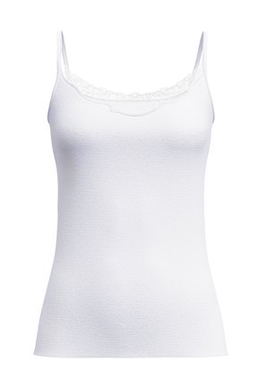 Top bianco senza maniche con spalline sottili, bordo in pizzo sul collo, tessuto testurizzato, forma aderente e finitura liscia.