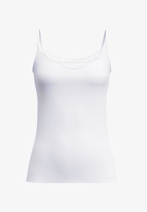 Top bianco senza maniche con spalline sottili, bordo in pizzo sul collo, tessuto testurizzato, forma aderente e finitura liscia.