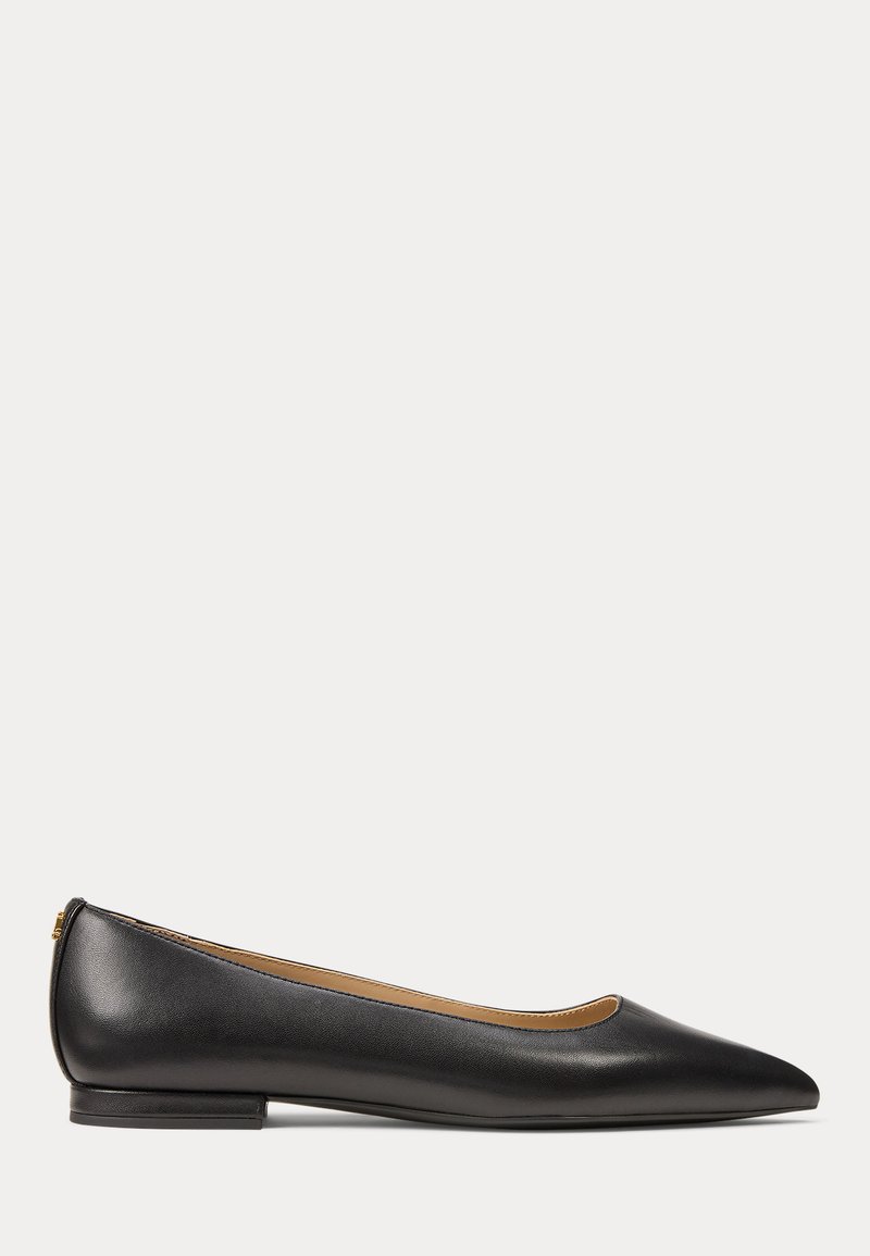 Chaussure plate en cuir noir à bout pointu, talon bas et finition lisse, vue de côté sur un fond clair uni.