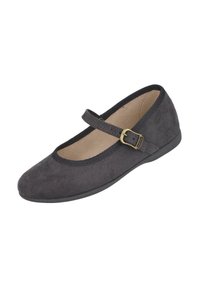 Zapato Mary Jane de ante negro con punta redondeada, ribete elástico y una pequeña correa con hebilla. Suela plana y parte superior suave y texturizada.