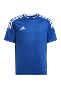 Maglietta sportiva azzurra a maniche corte con un motivo a zigzag testurizzato, dettagli bianchi sulle spalle e scollatura tonda. Realizzata in materiale traspirante.