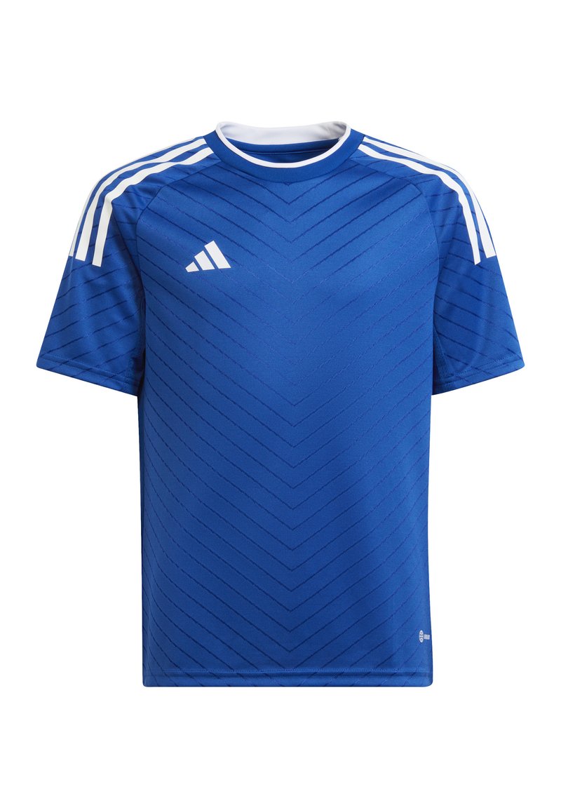 Maglietta sportiva azzurra a maniche corte con un motivo a zigzag testurizzato, dettagli bianchi sulle spalle e scollatura tonda. Realizzata in materiale traspirante.