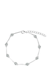 Srebrna bransoletka z naprzemiennymi sekcjami smukłych pasków i kwiatowymi akcentami z osadzonymi błyszczącymi detalami. Regulowane zapięcie.