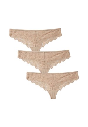 Tre paia di tanga in pizzo nudo con motivi floreali, bordi ondulati e una comoda cintura elastica.