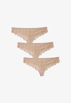 Tre paia di tanga in pizzo nudo con motivi floreali, bordi ondulati e una comoda cintura elastica.