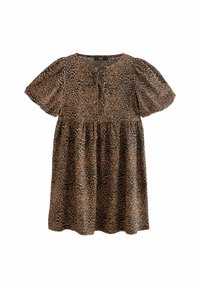 Leopardenmuster Kleid mit kurzen Puffärmel, Rundhalsausschnitt und geraffter Taille. Hergestellt aus glattem, leichtem Stoff in Brauntönen und Schwarz.