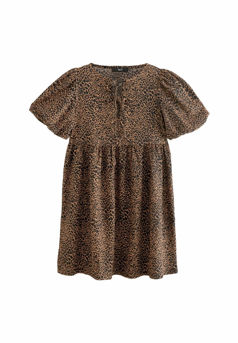 Leopardenmuster Kleid mit kurzen Puffärmel, Rundhalsausschnitt und geraffter Taille. Hergestellt aus glattem, leichtem Stoff in Brauntönen und Schwarz.