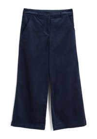 Mörkblå kordflamsbyxor med vida ben, texturerad yta, framfickor, knappstängning och raka benslut.