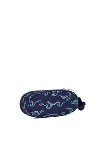 Astuccio navy con motivi a onde colorati, forma ovale, chiusura con zip e un soffice pom-pom come accentuazione a un'estremità. Materiale in tessuto.