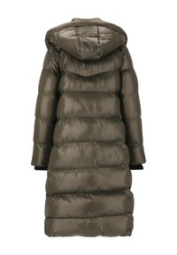 Olivgrön pufferjacka med huva, med ett kviltat mönster, ribbade ärmslut och medellång längd. Tillverkad av glänsande, lätt material.