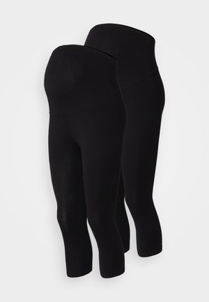 Svarta gravidleggings med hög midja, tillverkade av stretchigt material, designade för komfort, med en slät yta och längd till mitten av vaden.