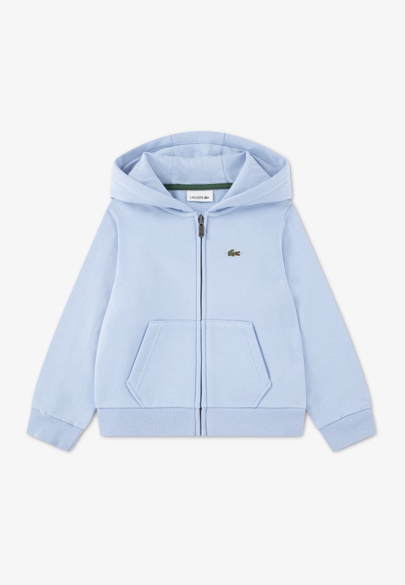 Light blue zip-up hoodie made of soft cotton with a kangaroo pocket, ribbed cuffs and hem, and embroidered logo on the chest.