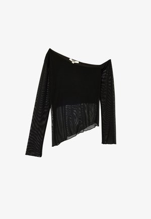 Zwarte off-the-shoulder top met lange doorschijnende mouwen, gemaakt van een textuurstof en met een asymmetrische zoom. Gladde bovenkant, golvend patroon op de mouwen.