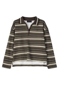 Ruda ir smėlio spalvos dryžuota ilgomis rankovėmis polo marškinėlius su apykakle, tekstūruotas audinys ir šone plyšys apatinėje dalyje. Su mygtukų užsegimu.