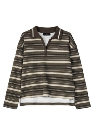 Ruda ir smėlio spalvos dryžuota ilgomis rankovėmis polo marškinėlius su apykakle, tekstūruotas audinys ir šone plyšys apatinėje dalyje. Su mygtukų užsegimu.