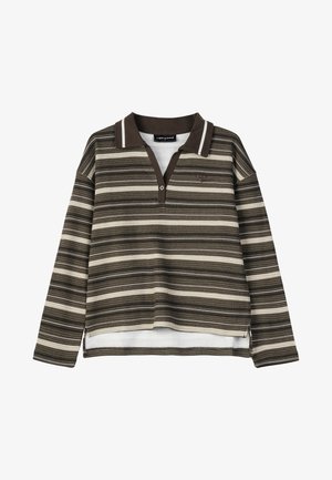 Dug nadstavljena polo majica dugih rukava u smeškastim i bež prugama, sa ovratnikom, teksturiranom tkaninom i bočnim prorezom na rubu. Ima dugmad na prednjem delu.