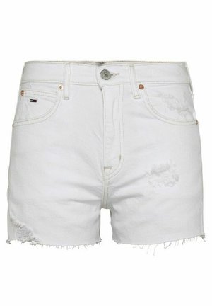 Short en denim blanc avec ourlet effiloché et patchs usés, doté d’un bouton avant, d’une fermeture éclair et de poches.