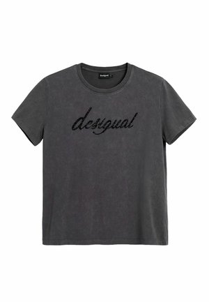 Tricou gri din bumbac, cu decolteu rotund și mâneci scurte, având un logo "desigual" cu paiete negre pe piept.