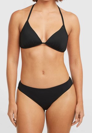 Svart bikinisett med trekanttopp med tynne stropper og lavtlivsbukser, glatt matt tekstur, enkelt design uten mønstre eller metallbeslag.