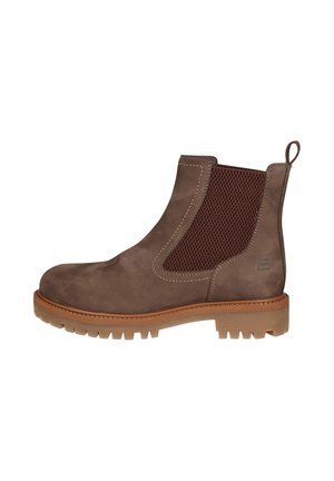 Brown suede ankle boots with mesh panels, featuring a rubber sole and a pull tab for easy wear. Stitched accents complete the design.