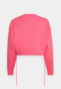 Svetle růžový zkrácený svetr s dlouhými rukávy, žebrovanými manžetami a nastavitelnými šňůrkami visícími po stranách, zobrazený zezadu.