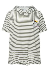 Sudadera corta de mangas cortas a rayas en blanco y verde oliva, con un dobladillo ajustable y un diseño gráfico colorido en el pecho.