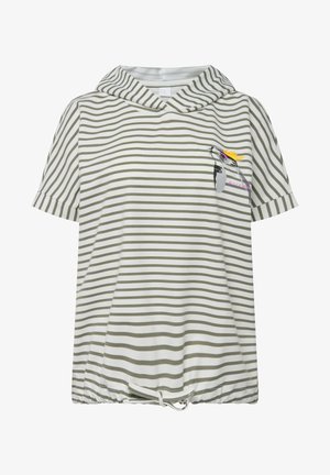 Hoodie à manches courtes rayé en blanc et vert olive, avec un ourlet à cordon de serrage et un design graphique coloré sur la poitrine.