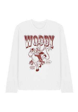 Weißes Langarmshirt mit einer roten Linienzeichnung von Woody, der Bullseye reitet, ein Lasso hält, mit dem Schriftzug "WOODY" und einem Sheriff-Stern.