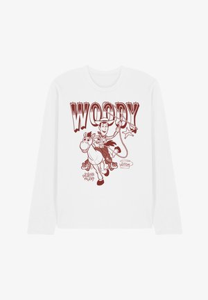 Weißes Langarmshirt mit einer roten Linienzeichnung von Woody, der Bullseye reitet, ein Lasso hält, mit dem Schriftzug "WOODY" und einem Sheriff-Stern.