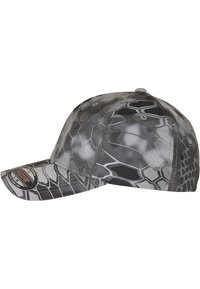 Graue Mütze mit Hexagon-Muster, aus Stoff gefertigt, mit einem gebogenen Schirm und gestickten Akzenten. Leichtes Design, geeignet für den Einsatz im Freien.