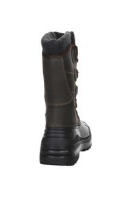 Brauner wasserdichter Stiefel mit hohem Schaft, grauem Fleece-Bündchen, strukturiertem Gummisohle und dekorativen Nähten entlang der Seite.