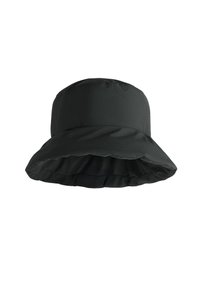 Svart bucket-hatt med en mjuk, bred och nedåtlutande bräm samt en slät tygtextur.